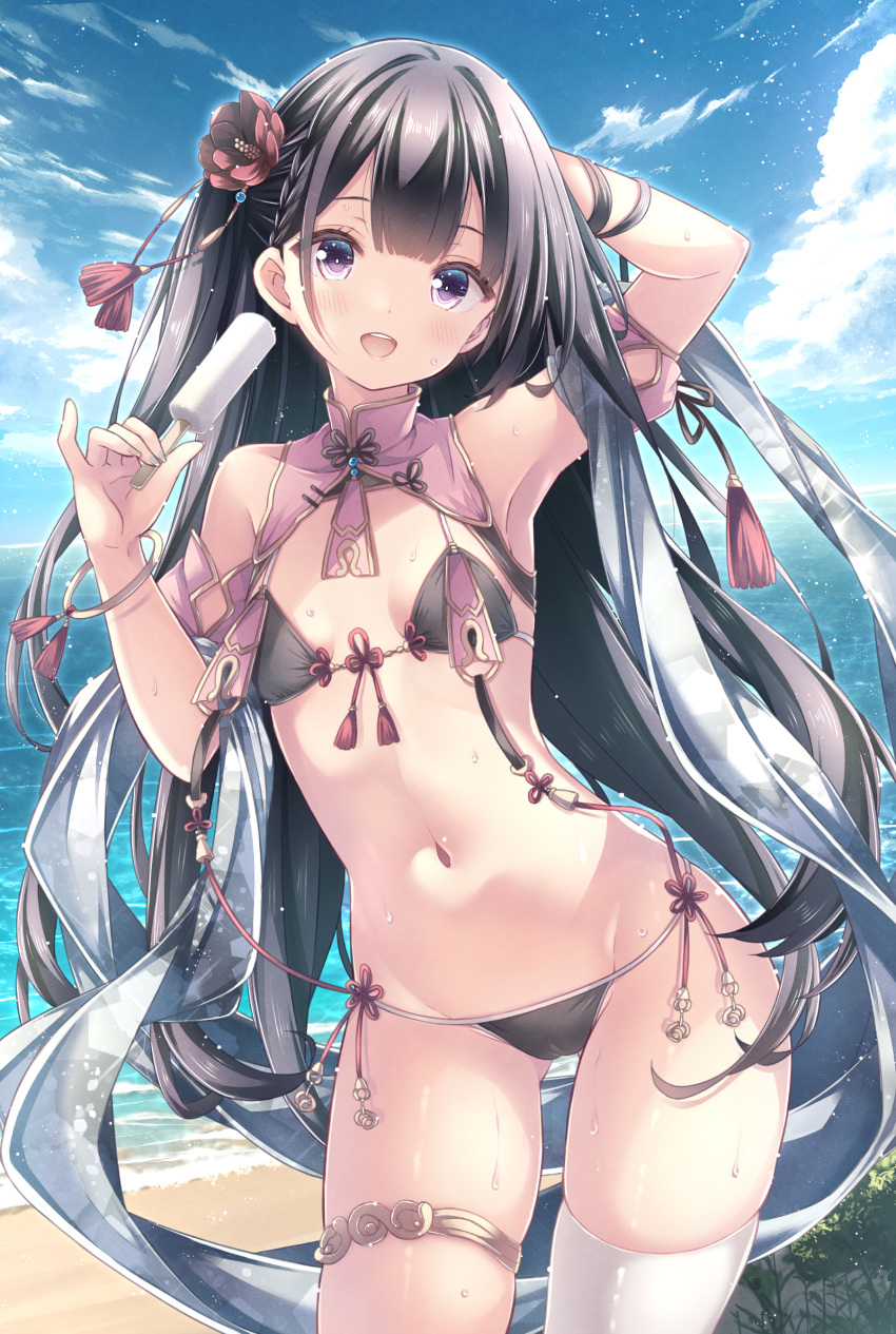 absurdres bikini black_bikini black_hair blue_sky blush breasts cloud commentary day female food highres holding holding_food holding_popsicle long_hair looking_at_viewer navel ocean open_mouth original outdoors popsicle purple_eyes ryo_(botugo) side-tie_bikini_bottom single_thighhigh sky small_breasts smile solo swimsuit tassel thigh_strap thighhighs very_long_hair water wet