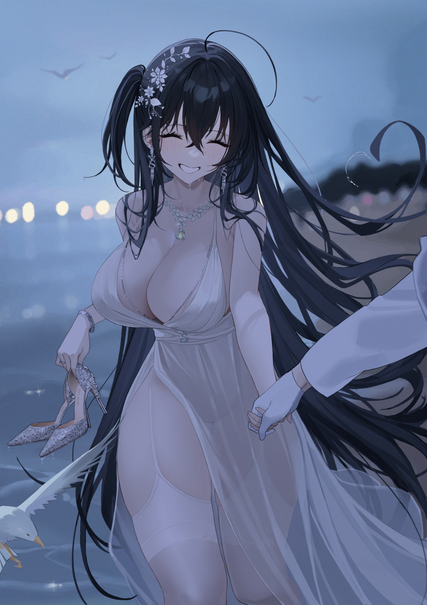 1boy absurdres ahoge awwwwys azur_lane black_hair breasts center_opening cleavage closed_eyes cocktail_dress commander_(azur_lane) dress evening_gown female garter_straps gloves high_heels highres holding holding_clothes holding_footwear holding_hands jewelry large_breasts necklace official_alternate_costume plunging_neckline satin_dress see-through see-through_dress silver_footwear sleeveless sleeveless_dress smile taihou_(azur_lane) taihou_(temptation_on_the_sea_breeze)_(azur_lane) thighhighs unworn_footwear wedding_dress white_dress white_garter_straps white_gloves white_thighhighs