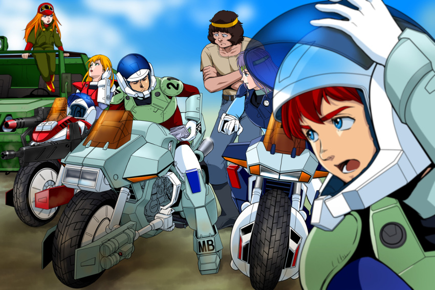 1980s_(style) 2girls 4boys armor bad_id bad_pixiv_id blonde_hair blue_eyes car e.t. gloves gun hat headband helmet houquet_et_rose jeep jim_warston kikou_souseiki_mospeada lolicon long_hair map mecha military military_uniform mint_labule missile mospeada mospeada_(mecha) motor_vehicle motorcycle mots multiple_boys multiple_girls photoshop_(medium) power_armor purple_hair ray_(mospeada) red_hair retro_artstyle rifle robot rocket_launcher science_fiction sideburns stick_bernard uniform weapon yellow_belmont