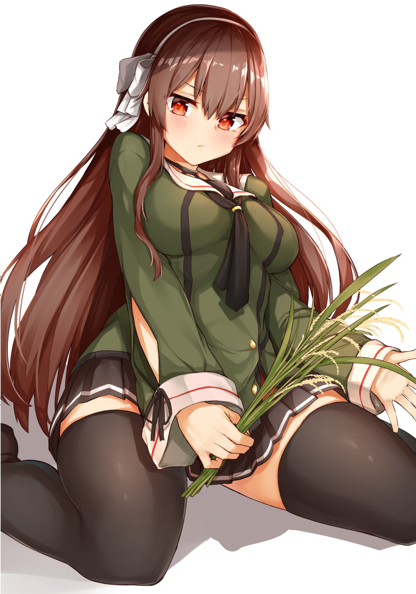 .live absurdres angry black_thighhighs blush breasts brown_hair chausson commentary_request female headband highres kneeling large_breasts long_hair looking_at_viewer plant red_eyes school_uniform solo thighhighs virtual_youtuber white_background yaezawa_natori