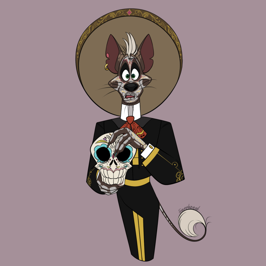 1:1 4_fingers anthro big_ears black_nose bodypaint bone bottomwear brown_body calavera calavera_face_paint candy canid canine canis claws clothing cuff_links darkwing_duck day_of_the_dead dessert disney domestic_dog ducktales ear_piercing ear_ring eyebrows face_paint facial_hair fan_character fangs fingers food footwear green_eyes grey_background guitar hair hairless hairless_dog happy hat headgear headwear hi_res holidays looking_at_viewer male mammal mariachi mariachi_suit moustache musical_instrument notched_ear pants piercing plucked_string_instrument primitive_dog raised_eyebrow ring_piercing sapphzeal shirt shoes signature simple_background skull skull_face_paint smile solo sombrero string_instrument sugar_skull teeth topwear whiskers white_hair wide_eyed xoloitzcuintli