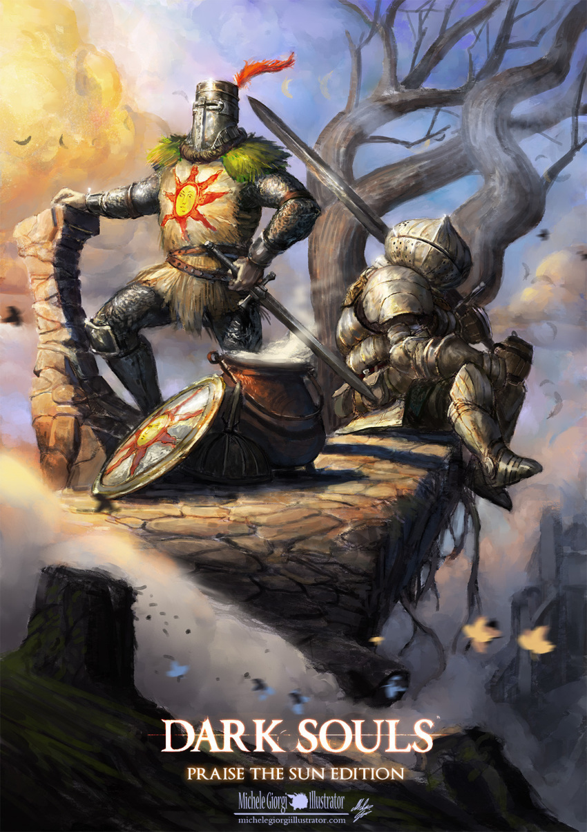 2boys armor artist_name bare_tree breastplate cauldron cliff cloud commentary copyright_name cup dark_souls_(series) dark_souls_i day full_armor full_body gauntlets greatsword greaves helmet highres holding holding_cup holding_sword holding_weapon knight looking_away male_focus michele_giorgi mug multiple_boys over_shoulder pauldrons plume shield shoulder_armor siegmeyer_of_catarina sitting solaire_of_astora steam sun_symbol sword tabard tree watermark weapon web_address