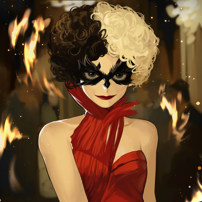 absurdres bad_id bad_pixiv_id bare_shoulders black_hair blurry blurry_background breasts collarbone cruella_(film) cruella_de_vil dress eye_mask female highres looking_at_viewer multicolored_hair nongxy_nonshi red_dress red_lips short_hair small_breasts smile solo two-tone_hair upper_body white_hair