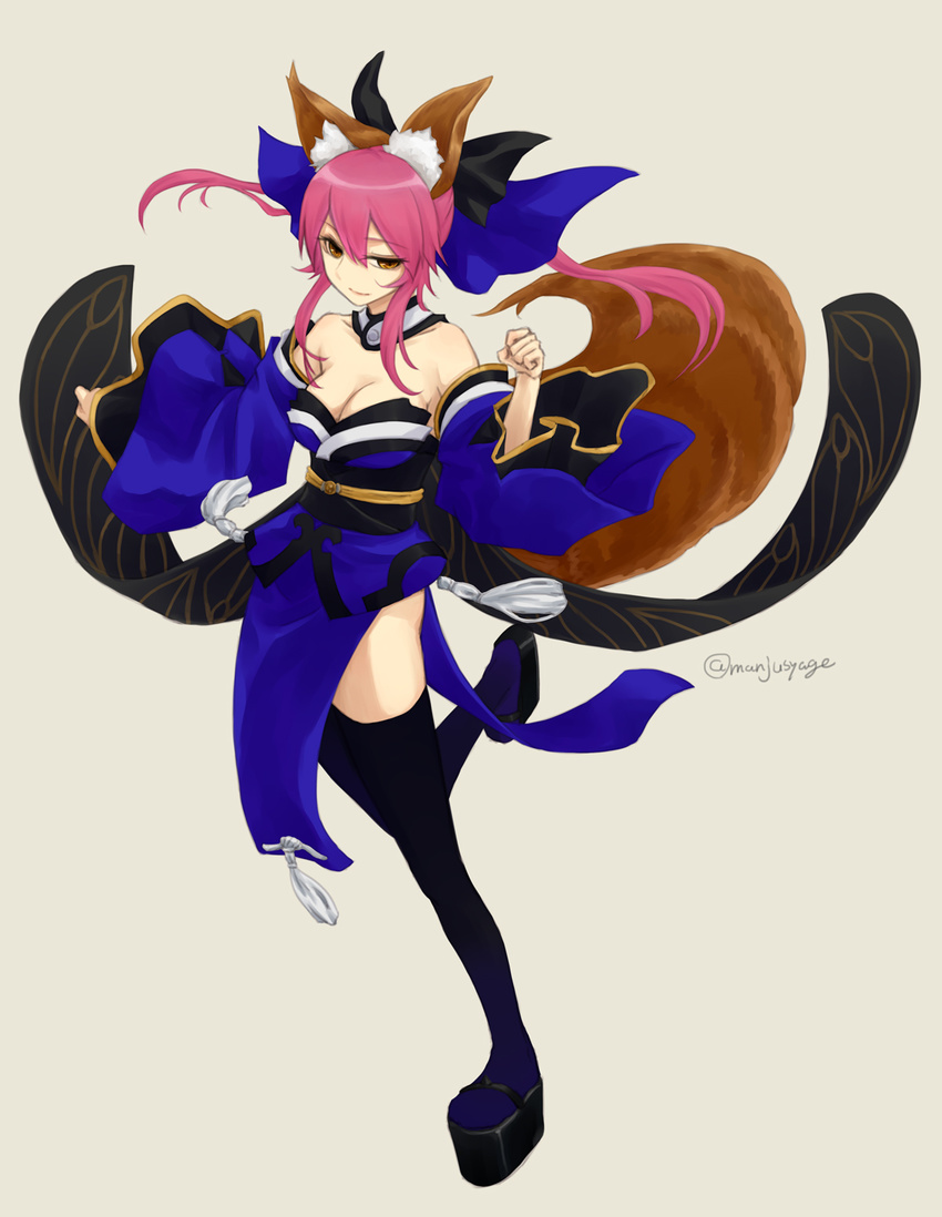 animal_ears bare_shoulders black_ribbon blue_ribbon blue_thighhighs breasts brown_eyes cleavage commentary_request detached_sleeves fate/extra fate_(series) female fox_ears fox_tail full_body hair_ribbon highres japanese_clothes kanokishi_(manjushage) long_sleeves looking_at_viewer md5_mismatch medium_breasts obi pelvic_curtain photoshop_(medium) pink_hair revision ribbon sash sidelocks smile solo tail tamamo_(fate) tamamo_no_mae_(fate/extra) thighhighs wide_sleeves