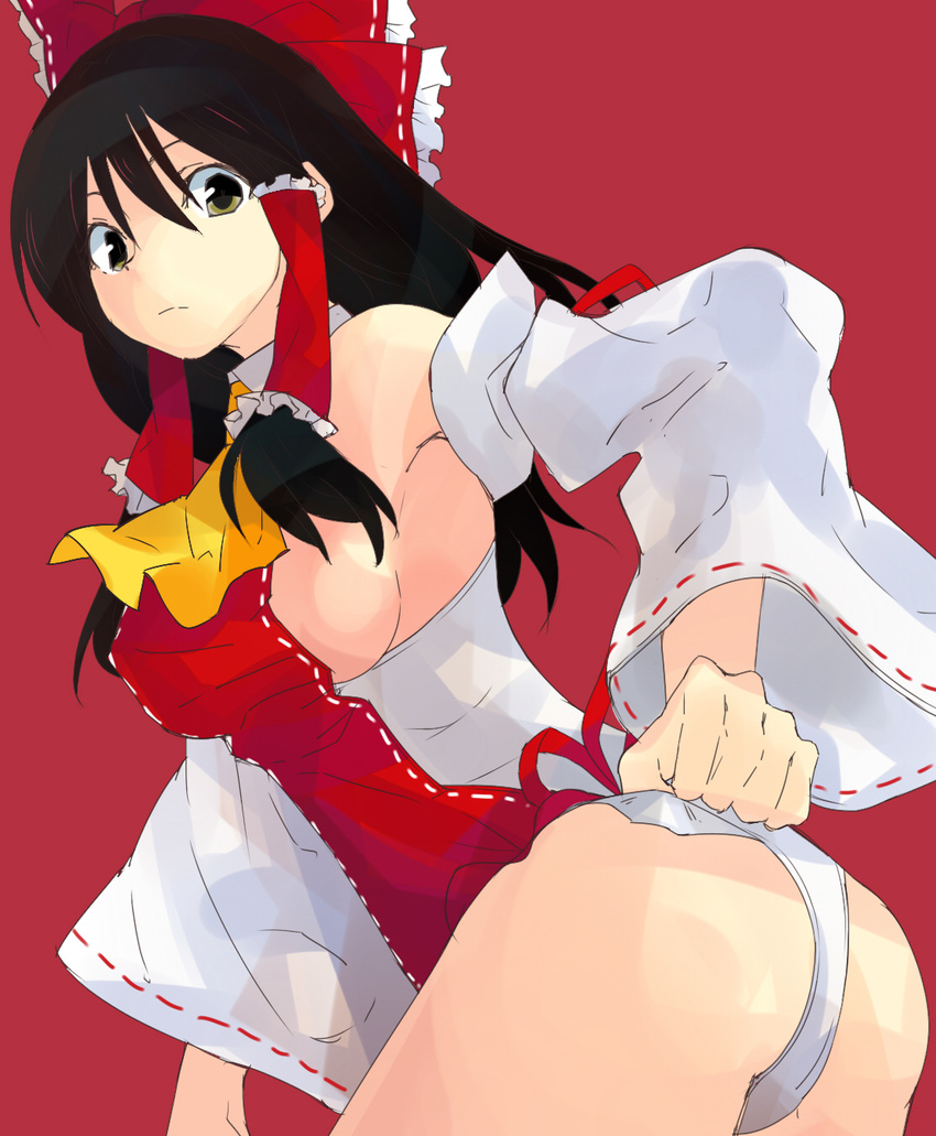 adapted_costume ascot ass bad_id bad_pixiv_id borrowed_design bow breasts brown_hair commentary_request detached_sleeves female hair_tubes hairbow hakurei_reimu highres large_breasts leotard long_hair partial_commentary red_bow red_leotard ribbon solo tamago_soup touhou touhou_tag_dream wrestling_outfit