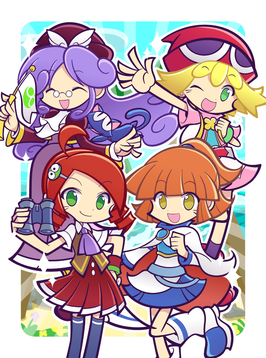 4girls accord_sensei alternate_costume amitie amitie_(puyopuyo) andou_ringo arle_nadja binoculars blonde_hair boots bracelet brown_eyes cape closed_eyes dress flag green_eyes hair_ornament looking_at_viewer madou_monogatari multiple_girls official_style one_eye_closed open_mouth orange_hair popoi popoi_(puyopuyo) purple_hair puyopuyo puyopuyo_fever red_hair red_hat shorts skirt smile socks wand wings wink