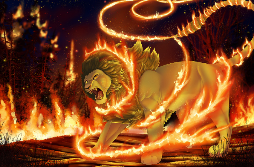 absurd_res angry blonde_highlights conditional_dnp detailed_background elemental_manipulation felid feral fierce fire fire_manipulation forest forest_background forest_fire grass grey_mane hi_res highlights_(coloring) incisors lion lynxbrush male mammal mane nature nature_background night open_mouth orange_eyes pantherine plant quadruped roaring sekinar solo sparks tree