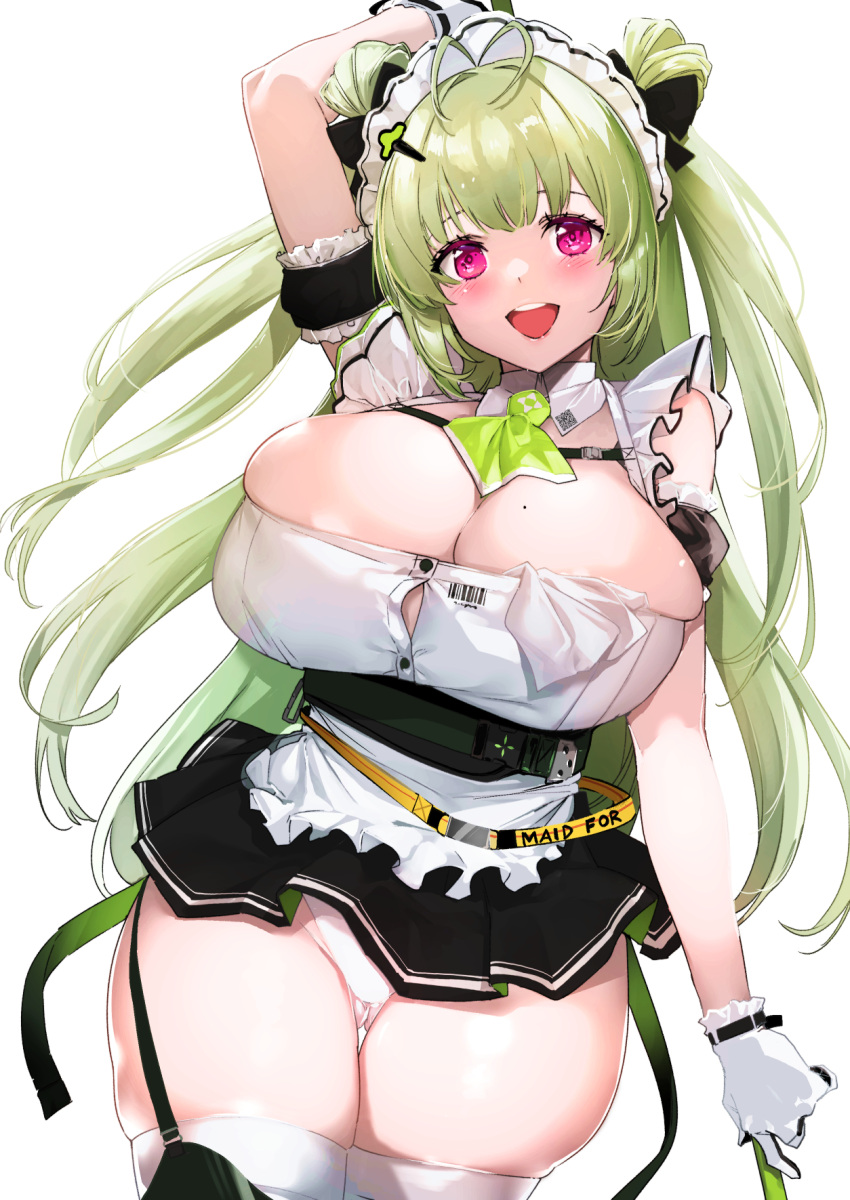 antenna_hair apron arm_up ass_visible_through_thighs barcode belt black_dress blush breasts button_gap commentary cowboy_shot dress eyebrows_hidden_by_hair female garter_straps gloves goddess_of_victory:_nikke green_hair green_ribbons hair_ornament hairclip highres huge_breasts long_hair looking_at_viewer maid_headdress mole mole_on_breast open_mouth panties pink_eyes ribbon simple_background skindentation sleeveless sleeveless_dress soda_(nikke) solo teeth thigh_gap thighhighs thighs tomohiro_kai underwear upper_teeth_only very_long_hair waist_apron white_apron white_dress white_gloves white_panties