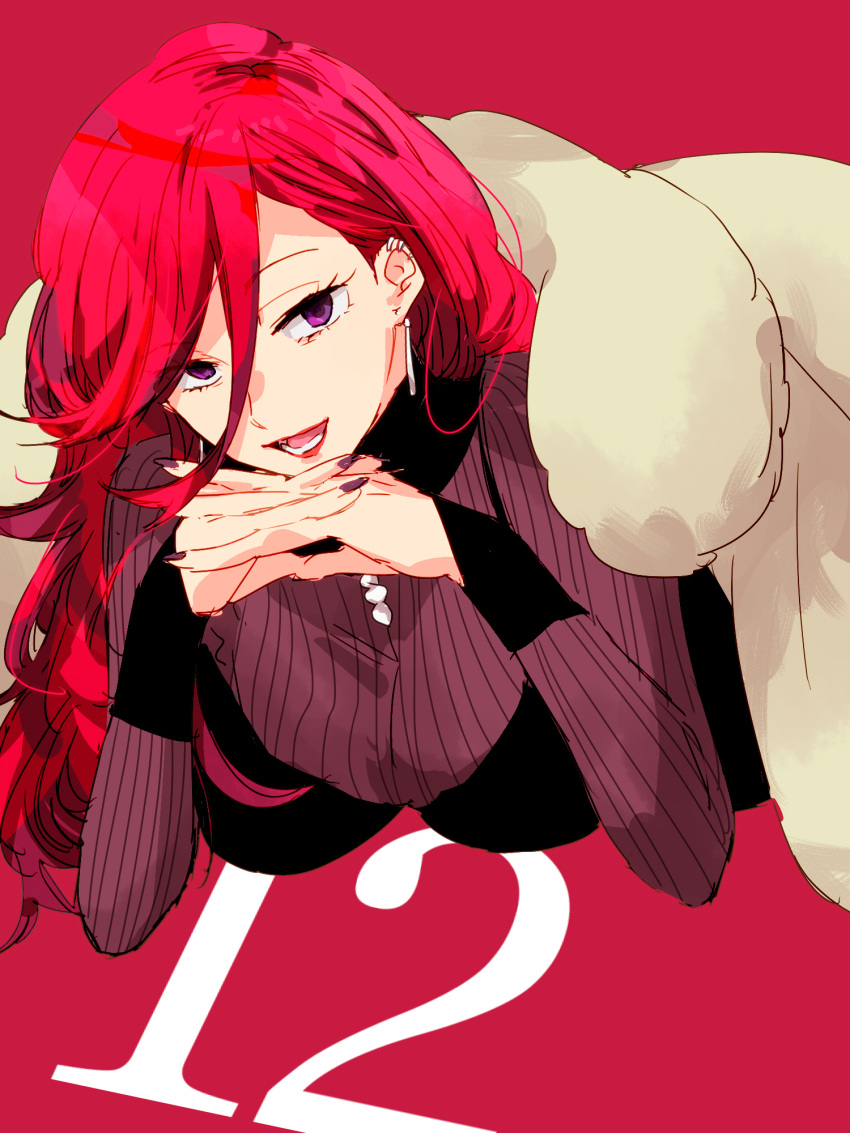 black_nails ear_piercing earrings female hair_between_eyes highres hinata_(ryohinata) inari_yoko interlocked_fingers jewelry kemono_jihen lipstick long_hair lying makeup on_stomach open_mouth piercing purple_eyes red_background red_hair simple_background solo