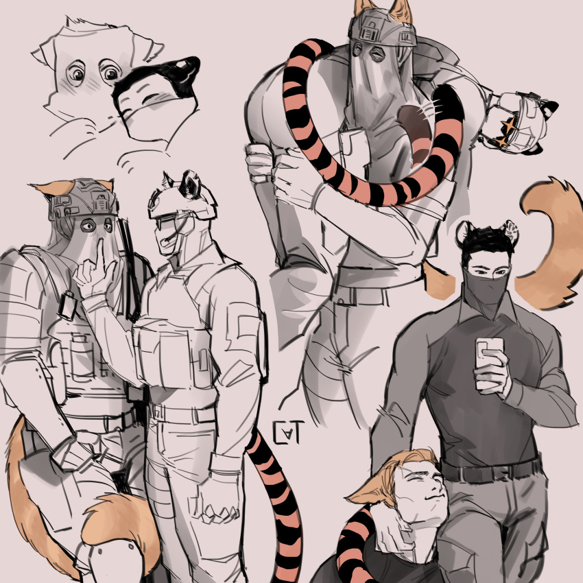 2boys absurdres animal_ears bara belt black_hair blonde_hair bulletproof_vest call_of_duty call_of_duty:_modern_warfare_2 carrying carrying_person cat_boy cat_ears cat_tail chibi closed_eyes covered_face finger_to_mouth helmet highres holding holding_phone horangi_(modern_warfare_2) jacket kemonomimi_mode konig_(call_of_duty) looking_at_another male_focus mask mouth_mask multiple_boys muscular muscular_male pants partially_colored phone shirt short_hair shushing spot_color sundaycat3 sunglasses tail tiger_boy tiger_ears tiger_tail yaoi