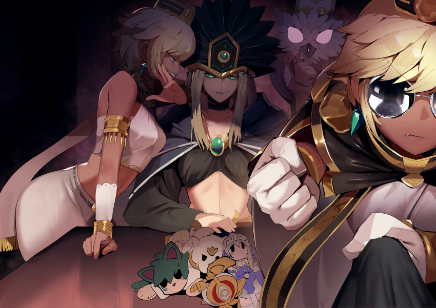 3girls agido_the_ancient_sentinel armlet bird blonde_hair cape character_doll clenched_hand clothes_pull commission crop_top duel_monster earrings felis_lightsworn_archer gloves green_eyes hand_up hat highres jewelry kitkallos_(yu-gi-oh!) long_hair lumina_lightsworn_summoner lumina_twilightsworn_shaman midriff minerva_the_exalted_lightsworn multiple_girls owl pixiv_commission pov ro_g_(oowack) ryko_lightsworn_hunter selene_queen_of_the_master_magicians shadowpriestess_of_ohm shirt_pull short_hair smile sunglasses table tearlaments_kitkallos white_gloves yu-gi-oh!