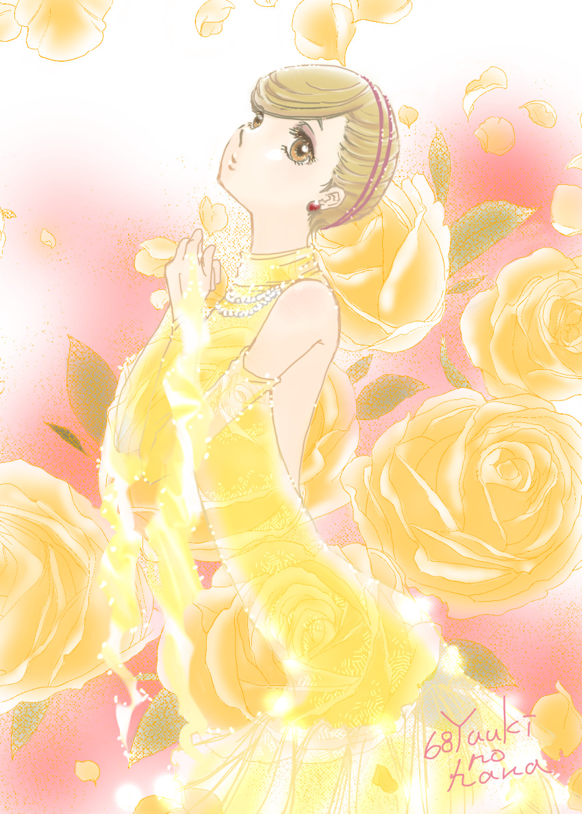 akagi_mako ballroom_e_youkoso blonde_hair brown_eyes dress earrings elbow_gloves female flower gloves halter_dress halterneck headband highres jewelry necklace pearl_necklace solo yellow_dress yuuki_no_hana