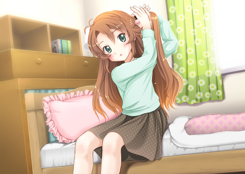 adjusting_hair antenna_hair bed bedroom blush brown_hair commentary curtains drawer dutch_angle feet_out_of_frame female floral_print frilled_pillow frills green_eyes hair_between_eyes hair_bobbles hair_ornament hidamari_sketch indoors kahis_(sweetbriar) koshigaya_komari lamp long_hair long_sleeves looking_at_viewer manga_(object) non_non_biyori on_bed open_mouth photoshop_(medium) pillow polka_dot polka_dot_skirt sitting skirt solo tying_hair window