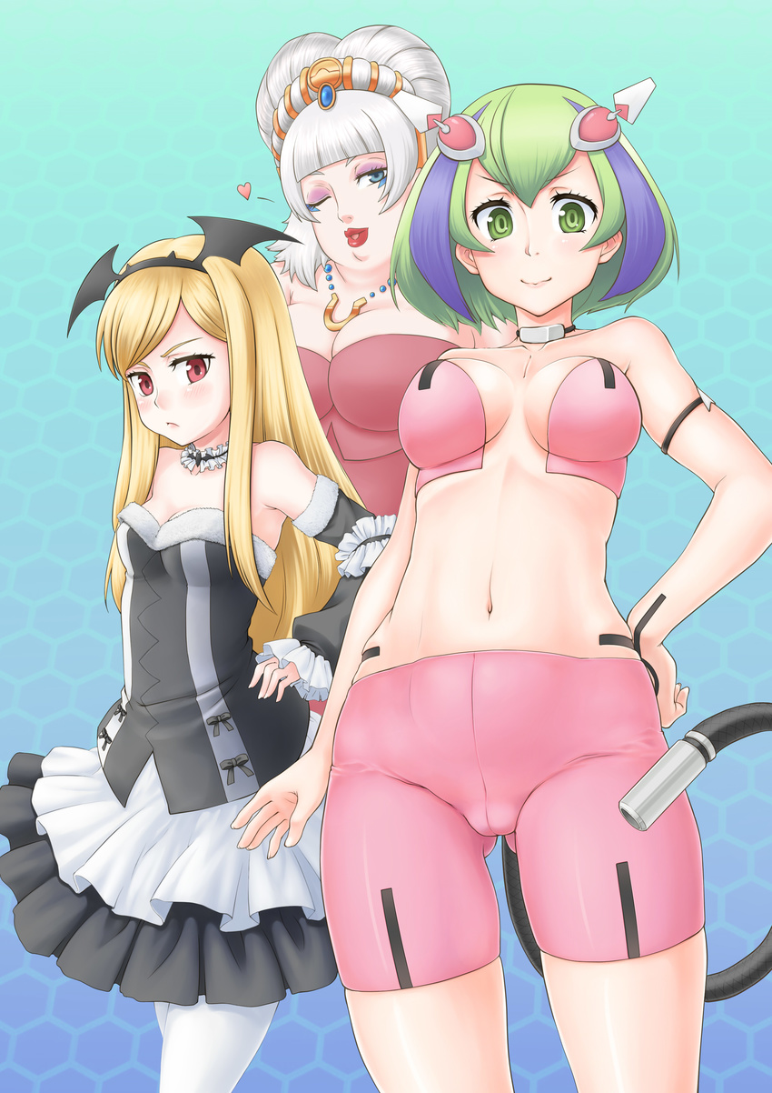 3girls bare_shoulders blonde_hair blue_eyes blush breasts choker detached_sleeves dimension_w dress elizabeth_greenhough-smith frills green_eyes green_hair grey_hair hair_ornament hairband heart jewelry lips long_hair makeup mary_(dimension_w) multicolored_hair multiple_girls navel necklace pantyhose red_eyes ribbon short_hair shorts smile tail yurizaki_mira