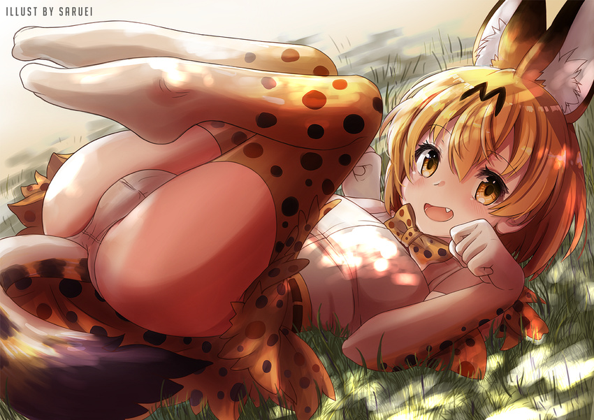 :d animal_ears artist_name bad_id bad_pixiv_id blonde_hair blush bow bowtie brown_eyes dappled_sunlight extra_ears eyebrows_visible_through_hair from_side full_body grass hair_between_eyes kemono_friends looking_at_viewer lying oerba_yun_fang on_back on_ground open_mouth panties paw_pose plantar_flexion saruei serval_(kemono_friends) serval_ears serval_print serval_tail shirt skirt sleeveless sleeveless_shirt smile solo sunlight tail thighhighs underwear white_panties