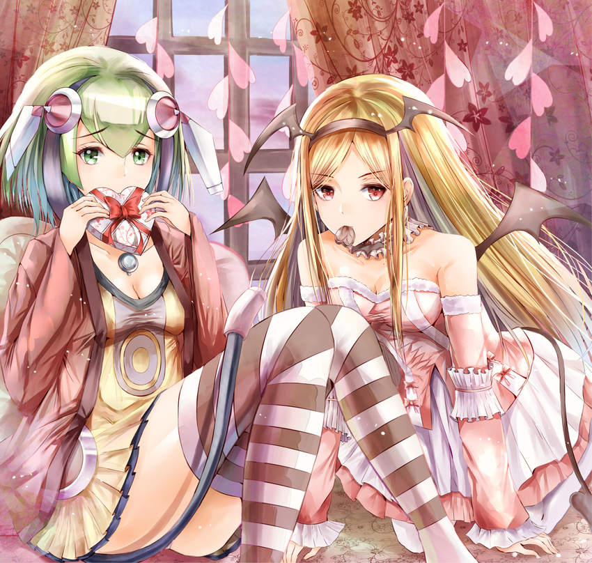 2girls android bad_id bad_pixiv_id blonde_hair box cable cable_tail candy chocolate curtains detached_sleeves dimension_w dress elizabeth_greenhough-smith food gift gift_box green_eyes green_hair headgear heart heart-shaped_box heart-shaped_chocolate highres indoors jacket layered_dress long_hair mechanical_tail multicolored_hair multiple_girls nicky_w red_eyes short_hair striped_clothes striped_thighhighs tail thighhighs valentine window wings yurizaki_mira