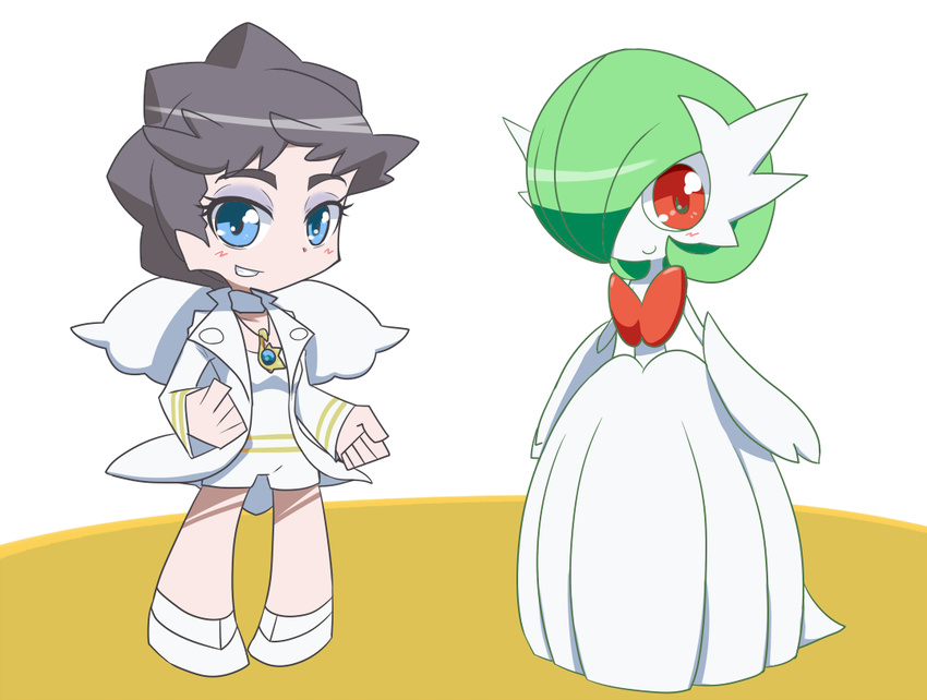 ambiguous_gender blue_eyes blush brown_hair clothing crossover diantha_(pokemon) dress duo eyelashes eyeliner female generation_6_pokemon green_hair hair human humanoid jewelry looking_at_viewer makeup mammal mega_evolution mega_gardevoir necklace nei_chi nintendo panty_and_stocking_with_garterbelt pokemon pokemon_(species) pokemon_champion red_eyes short_hair smile teeth