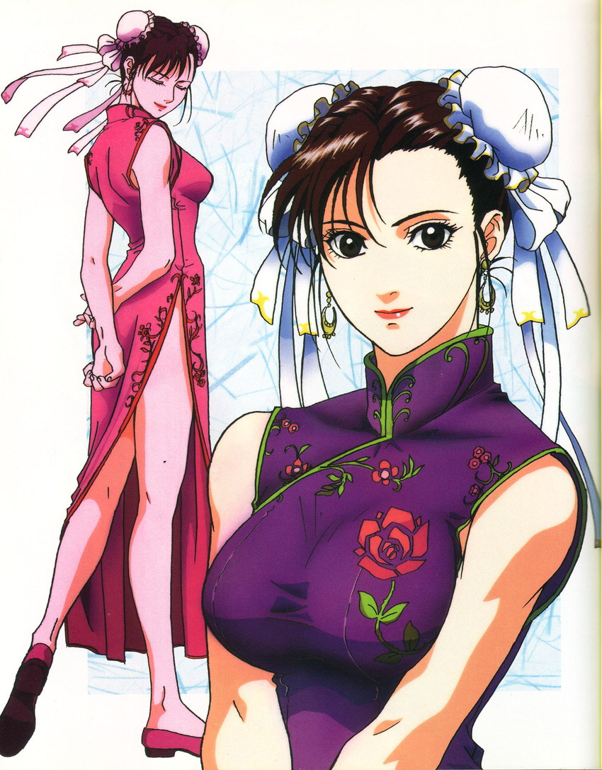 ass bare_arms black_eyes breasts brown_hair capcom china_dress chinese_clothes chun-li closed_eyes double_bun dress earrings feet female full_body highres jewelry large_breasts legs lipstick looking_at_viewer makeup murase_shuko qipao shoes short_hair sideboob sleeveless smile solo standing street_fighter thighs