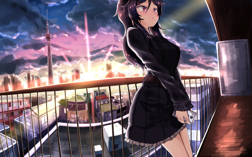 black_hair blush city clouds dinos dress kirishima_sagiri phone pink_eyes sky sunset ukagaka