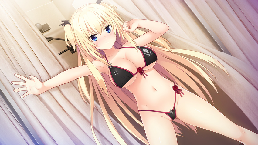 bat_hair_ornament bikini blonde_hair blue_eyes blush female hair_ornament kimi_no_hitomi_ni_hit_me kurasawa_moko kurose_tsubasa long_hair looking_at_viewer navel swimsuit two_side_up