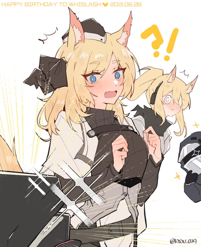 !? 1other 3girls ambiguous_gender animal_ear_fluff animal_ears arknights aunt_and_niece black_bow black_gloves black_headwear black_jacket black_shirt blemishine_(arknights) blonde_hair blue_eyes blush bow commentary dated doctor_(arknights) emphasis_lines english_text gloves hairbow happy_birthday hat headset highres hood hood_up horse_ears horse_girl horse_tail jacket jewelry_box kyou_039 long_hair mask misunderstanding multiple_girls nearl_(arknights) oerba_yun_fang open_mouth out_of_frame ponytail shirt skin_fang tail thick_eyebrows twitter_username whislash_(arknights) white_jacket yuri