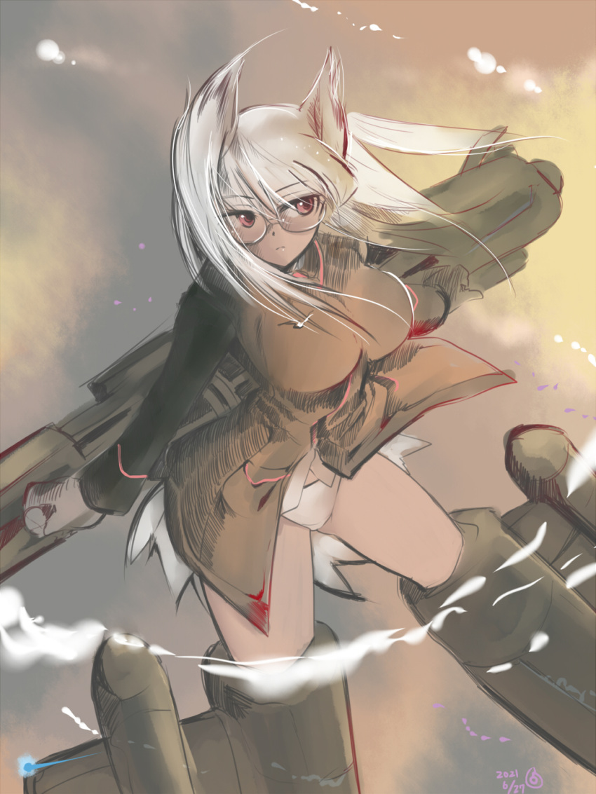 bird_girl bird_tail breasts dutch_angle female glasses head_wings heidimarie_w._schnaufer highres large_breasts military military_uniform mishiro_shinza panties red_eyes solo strike_witches striker_unit tail underwear uniform white_hair white_panties wings world_witches_series