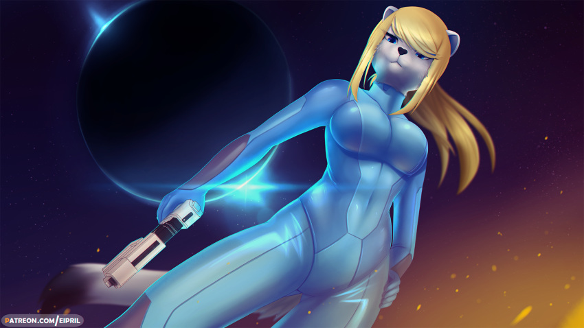 16:9 alternate_species anthro bodysuit breasts clothing eipril female furrification gun hi_res mammal metroid mustelid musteline navel nintendo ranged_weapon samus_aran skinsuit solo stoat tight_clothing true_musteline weapon weasel widescreen zero_suit