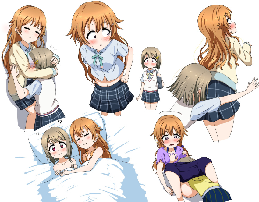 2girls :3 ? accident accidental_pervert bed blazer blush breast_press breasts clothes_pull collarbone crescent crescent_hair_ornament flying_sweatdrops grabbing grabbing_another's_breast hair_ornament highres hug jacket konoe_kanata light_brown_hair long_hair love_live! love_live!_nijigasaki_high_school_idol_club medium_breasts multiple_girls nakasu_kasumi nijigasaki_school_uniform nude on_bed open_mouth orange_hair pillow pink_eyes purple_eyes school_uniform short_hair shorts simple_background skirt skirt_pull sleeping slipping star_(symbol) star_hair_ornament takeru-1103-murai under_covers unlikely_accident white_background yuri