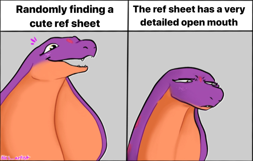 2019 anthro cobra countershading english_text female humor image_macro keeshee lamarian long_neck meme ncs purple_body realization reptile scalie signature simple_background smile snake snake_hood solo spots text the_truth worried