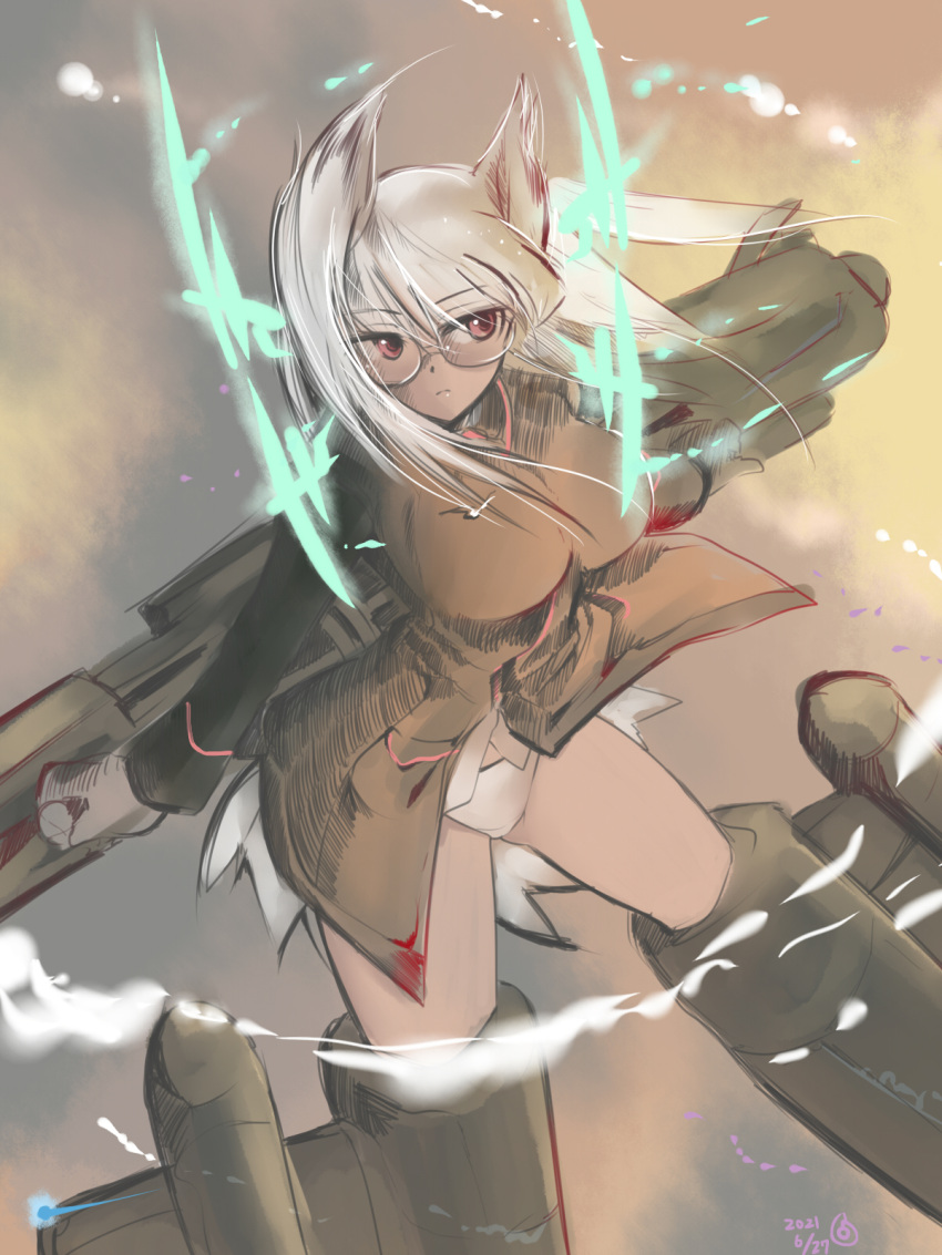 bird_girl bird_tail breasts dutch_angle female glasses head_wings heidimarie_w._schnaufer highres hirschgeweih_antennas large_breasts mishiro_shinza panties solo strike_witches striker_unit tail underwear uniform white_hair white_panties wings world_witches_series