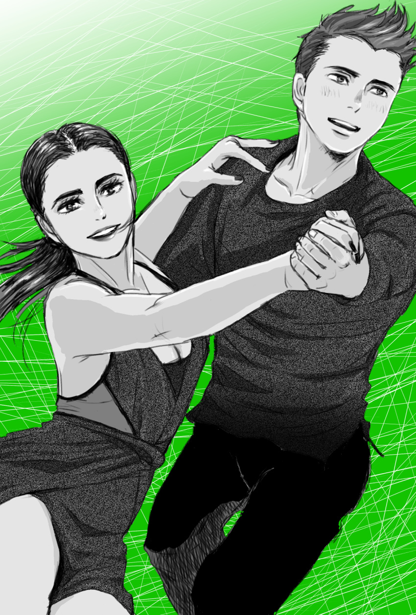 1boy black_nails blush breasts brother_and_sister cleavage commentary_request dancing female green_background green_theme highres holding_hands koizumi_riu michele_crispino monochrome open_mouth ponytail sara_crispino siblings smile twins yuri!!!_on_ice