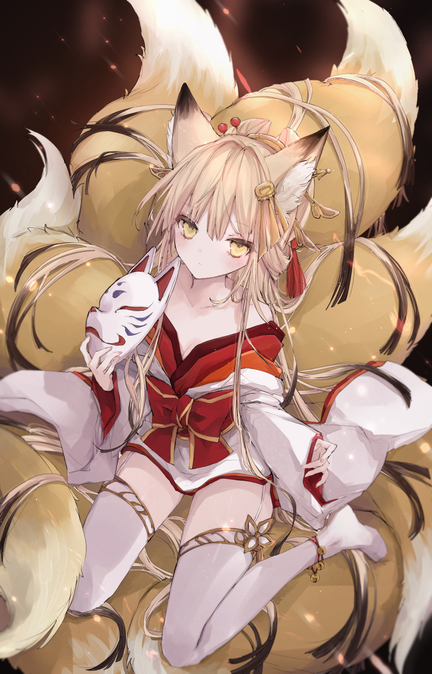 absurdres animal_ear_fluff animal_ears ankle_bell ankle_ribbon bad_id bad_pixiv_id bare_shoulders bell blonde_hair collarbone commentary_request commission expressionless female fox_ears fox_girl fox_mask fox_tail from_above highres himeyuri_(nyanko_daisensou) holding holding_mask japanese_clothes jewelry jingle_bell kimono kitsune kyuubi leg_ribbon long_hair long_sleeves looking_at_viewer mashiro_shiki mask multiple_tails no_shoes nyanko_daisensou ribbon sidelocks sitting skeb_commission solo tail thighhighs very_long_hair wariza white_thighhighs wide_sleeves yellow_eyes