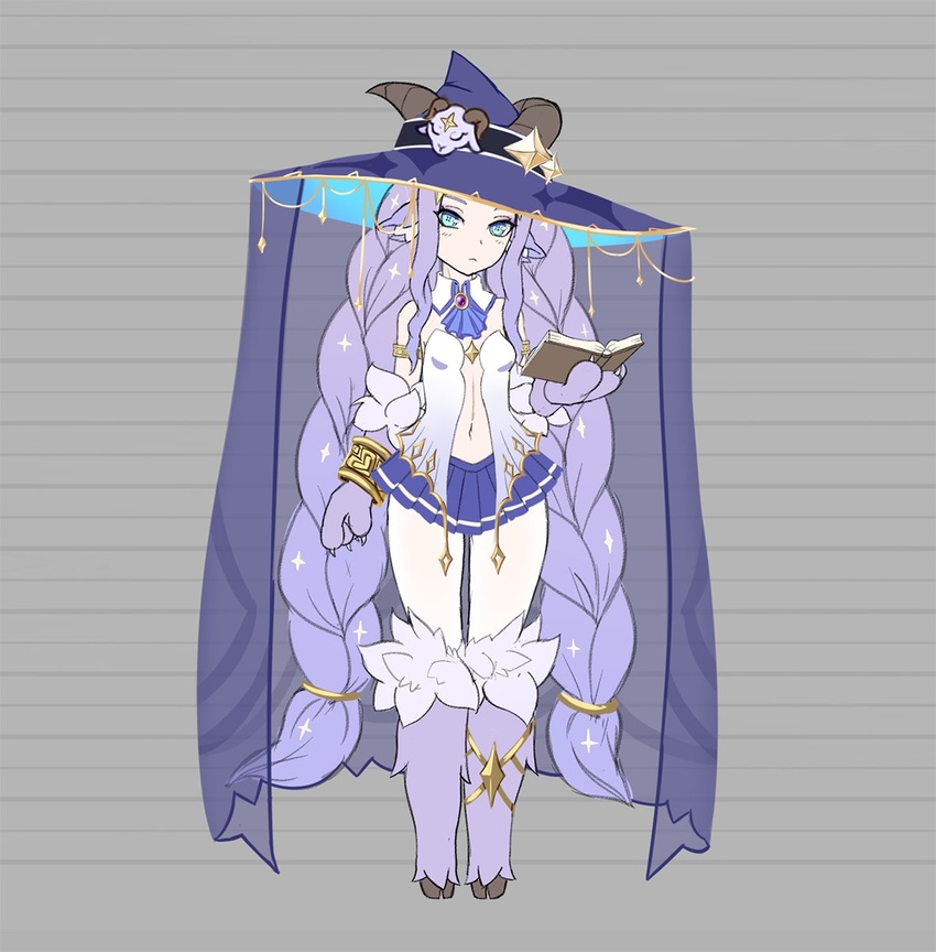 animal_ears animal_hands ascot baphomet_(monster_girl_encyclopedia) bare_shoulders blue_ascot blue_eyes blue_skirt book center_opening claws commentary detached_collar english_commentary expressionless female full_body goat_ears goat_horns hat highres holding holding_book hooves horns horns_through_headwear light_purple_hair long_hair looking_at_viewer monster_girl monster_girl_encyclopedia navel open_book pleated_skirt simple_background skirt solo valldor veil very_long_hair witch_hat