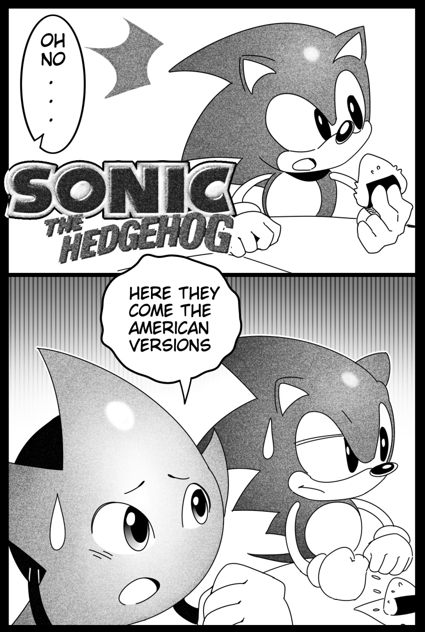 absurdres annoyed clenched_hands crossover english_text food furry furry_male gloves greyscale highres holding holding_food kaylla logo monochrome onigiri open_mouth ristar ristar_the_shooting_star sitting sonic_(series) sonic_the_hedgehog sonic_the_hedgehog_(classic) speech_bubble sweatdrop worried