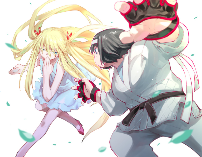 2girls absurdres battle black_hair blonde_hair blue_dress blue_eyes bob_cut crossover dougi dress duel fighting_stance fingerless_gloves genshiken gloves hashikko_ensemble headband high_heels highres karate_gi kio_shimoku long_hair martial_arts multiple_girls otaku red_footwear short_hair simple_background sundress susanna_hopkins two_side_up very_long_hair white_background yajima_mirei