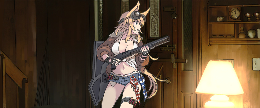 animal_ears blonde_hair blue_eyes blue_shorts breasts brown_jacket cleavage collarbone collared_shirt commentary_request cutoffs denim desk_lamp dog_ears dress_shirt female girls'_frontline goggles goggles_on_head gun halloween_(movie) holding holding_gun holding_weapon indoors jacket lamp large_breasts long_hair long_sleeves m500_(girls'_frontline) midriff mossberg_500 navel open_clothes open_jacket parody pump_action scene_reference shield shirt short_shorts shorts shotgun shotgun_shell solo sweat tab_(tabkun) thigh_strap tied_shirt weapon white_shirt