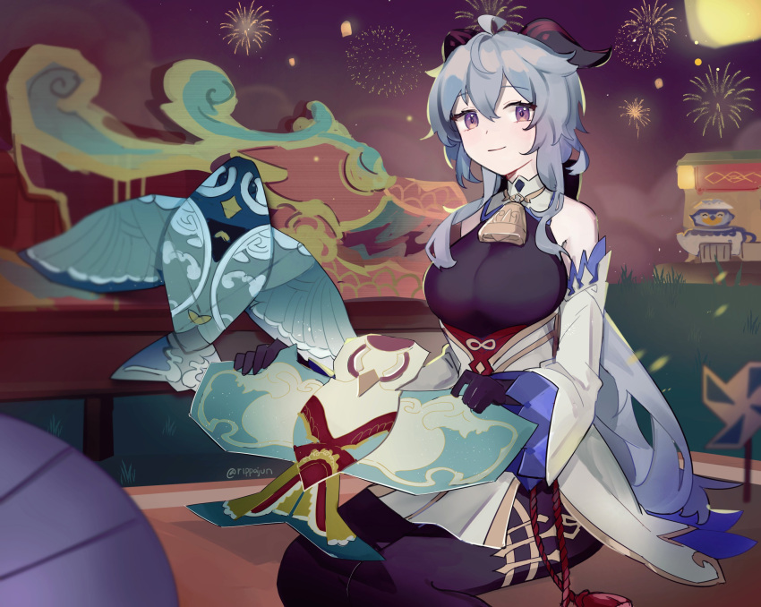 ahoge bad_id bad_twitter_id bare_shoulders bell black_gloves black_legwear blue_hair blush bow breasts detached_sleeves female fireworks ganyu_(genshin_impact) genshin_impact gloves gold_trim highres horns kite large_breasts long_hair looking_at_viewer neck_bell night outdoors purple_eyes rippajun sidelocks sitting smile solo_focus thighlet tubby_(genshin_impact) waist_cape white_sleeves