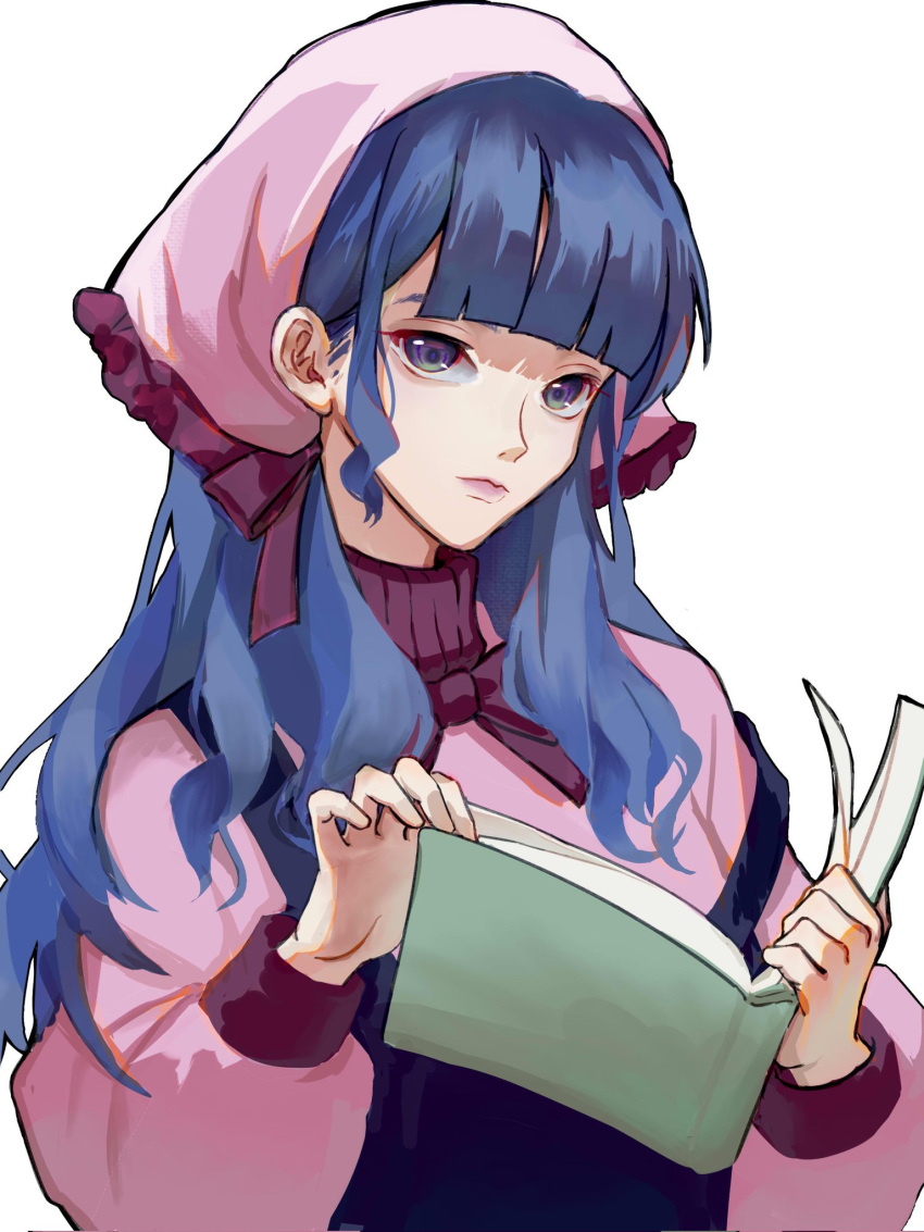 apollo_justice:_ace_attorney bandana blue_eyes book eyebrows_hidden_by_hair female gyakuten_saiban hair_behind_ear head_tilt highres holding holding_book looking_at_viewer off_shoulder open_book overalls pink_bandana pink_sweater portrait purple_lips solo sweater vera_misham white_background zhao_yifei