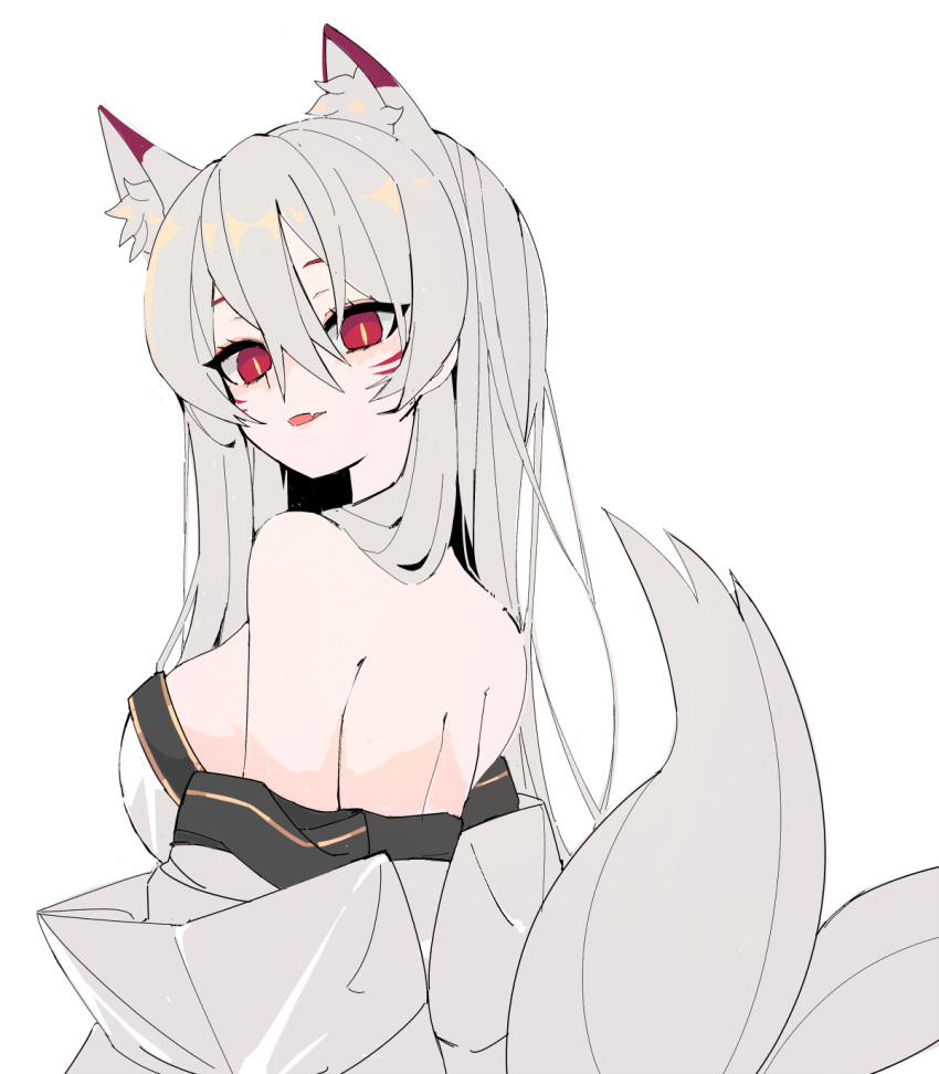 :d animal_ear_fluff animal_ears ara_haan bad_id bad_pixiv_id bare_shoulders breasts elsword eun_(elsword) facial_mark female flat_color fox_ears fox_tail highres japanese_clothes kimono long_hair looking_at_viewer looking_back multiple_tails oerba_yun_fang open_mouth red_eyes seu_9_(banya) simple_background smile solo tail very_long_hair whisker_markings white_background white_hair white_kimono