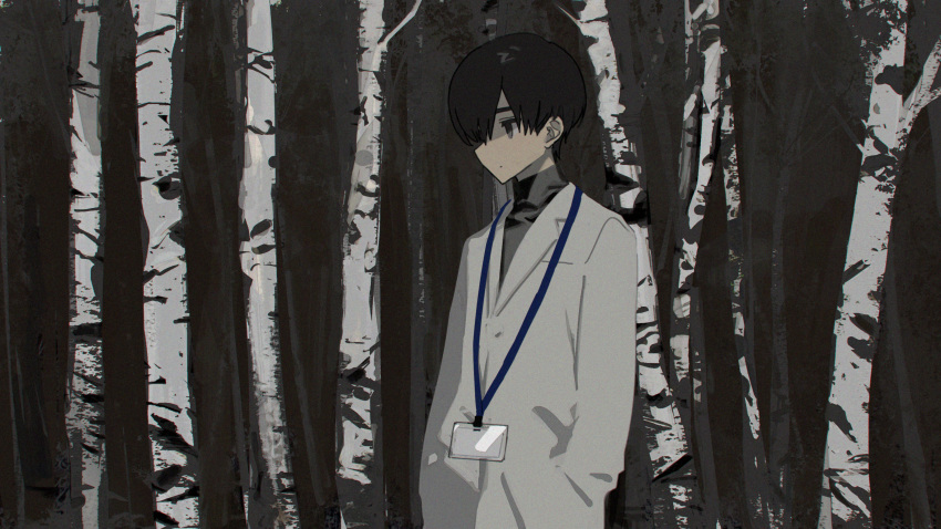 1boy absurdres birch_tree black_hair closed_mouth forest grey_eyes hands_in_pockets highres hirota_tsuu lab_coat long_sleeves male_focus name_tag nature original outdoors solo standing tree turtleneck upper_body usuzumi_kei