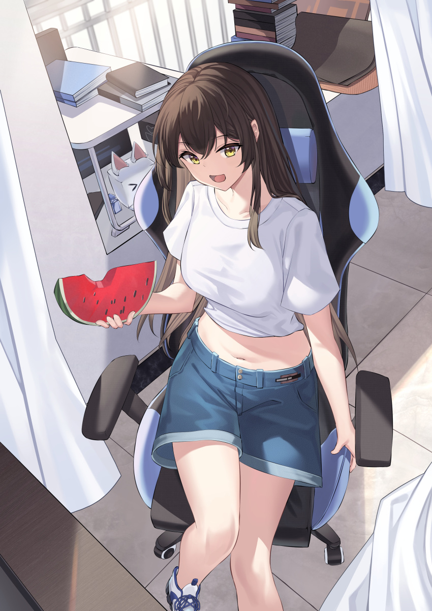 absurdres angel_no_shousou blue_shorts breasts brown_hair chair crop_top denim denim_shorts female food from_above fruit gaming_chair highres indoors long_hair looking_at_viewer medium_breasts midriff navel open_mouth original shirt shoes short_sleeves shorts sitting smile sneakers solo stomach swivel_chair watermelon white_shirt yellow_eyes