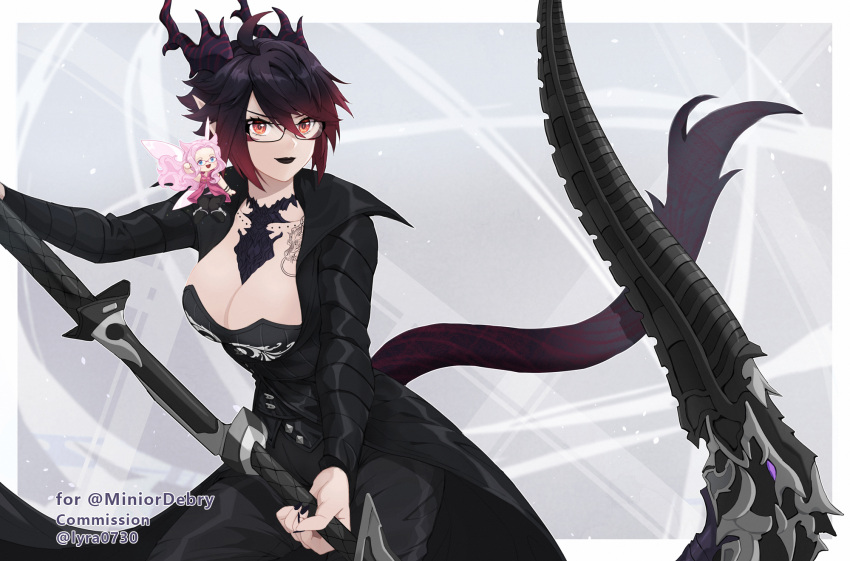 2girls black_hair black_lips blue_eyes breasts cleavage commission elezen elf erika_thorne fairy_wings final_fantasy final_fantasy_xiv glasses gradient_hair highres holding holding_scythe horns illeana_(miniordebry) large_breasts long_hair looking_at_viewer lyra-kotto mini_person minigirl miqo'te multicolored_hair multiple_girls orange_eyes pink_hair pointy_ears reaper_(final_fantasy) scythe short_hair tail warrior_of_light_(ff14) wings