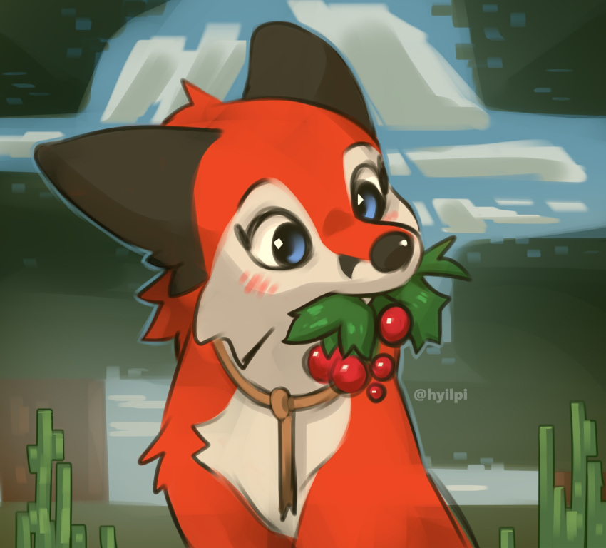 2022 ambiguous_gender artist_name berry blue_eyes canid canine daww digital_media_(artwork) feral food food_in_mouth fox fox_(minecraft) fruit fur hi_res holding_food holding_in_mouth holding_object hyilpi mammal microsoft minecraft mojang mouth_closed orange_body orange_fur outside plant red_fox shaded solo true_fox vixy_(hyilpi) white_body white_fur xbox_game_studios