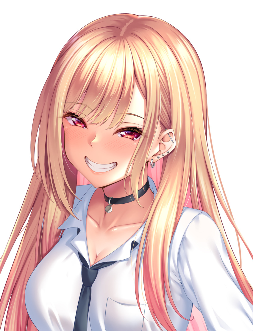 black_choker black_necktie blonde_hair blush breasts choker cleavage collarbone commentary ear_piercing female grin highres kitagawa_marin large_breasts long_hair looking_at_viewer necktie piercing red_eyes school_uniform shirt simple_background smile solo sono_bisque_doll_wa_koi_wo_suru teeth upper_body white_background white_shirt yuunagi_(0217)