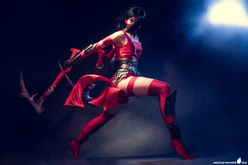 akali armband black_hair cosplay crimson_akali elbow_gloves female forehead_protector long_hair mask ninja photo taut_clothes weapon