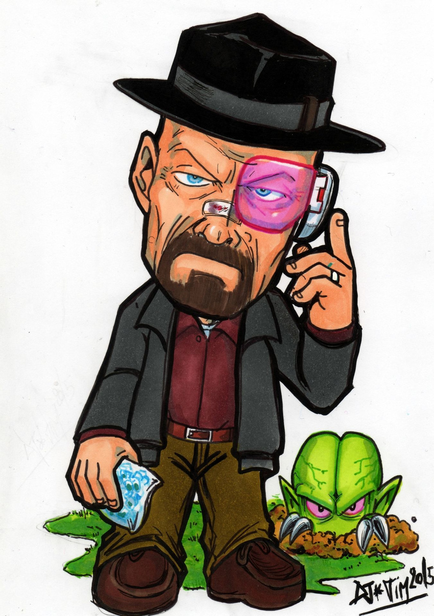 2015 2boys alien bald bandaid bandaid_on_nose beard belt blue_eyes breaking_bad brown_shoes crossover dragon_ball dragon_ball_z facial_hair fedora hat head_tilt jacket looking_at_viewer multiple_boys pants saibaiman saibaman scouter serious shirt shoes simple_background standing walter_white wedding_band white_background