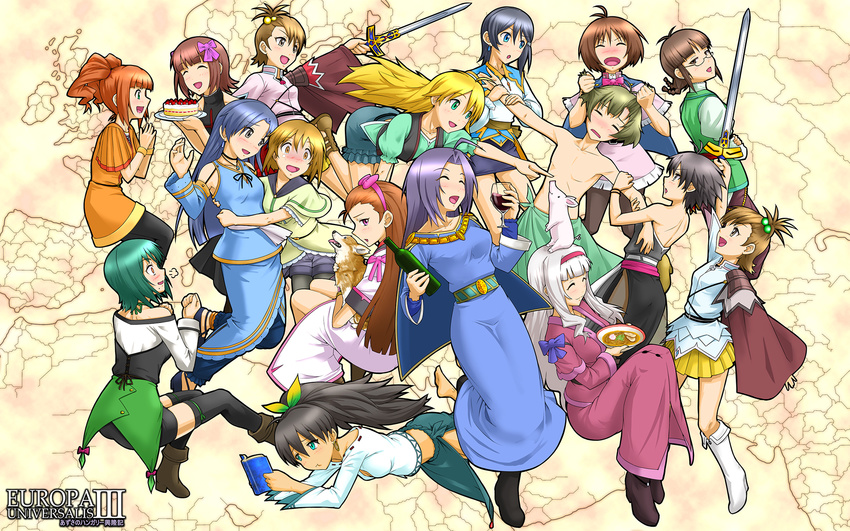 6+girls akizuki_ritsuko akizuki_ryo amami_haruka armor blonde_hair blue_hair bottle bow brown_hair cake caliburn_(fate) cape closed_eyes commentary_request copyright_name cosplay cup doku_hebi dress drinking_glass europa_universalis excalibur_(fate/stay_night) fantasy fate_(series) food futami_ami futami_mami ganaha_hibiki grabbing_another's_hair green_hair hagiwara_yukiho hair_ornament hairbow hidaka_ai highres hoshii_miki idolmaster idolmaster_(classic) idolmaster_dearly_stars kikuchi_makoto kisaragi_chihaya minase_iori miura_azusa mizutani_eri multiple_girls open_mouth orange_hair outstretched_arms photoshop_(medium) pig plate shawl shijou_takane smile spread_arms sword takatsuki_yayoi topless weapon wine_bottle wine_glass