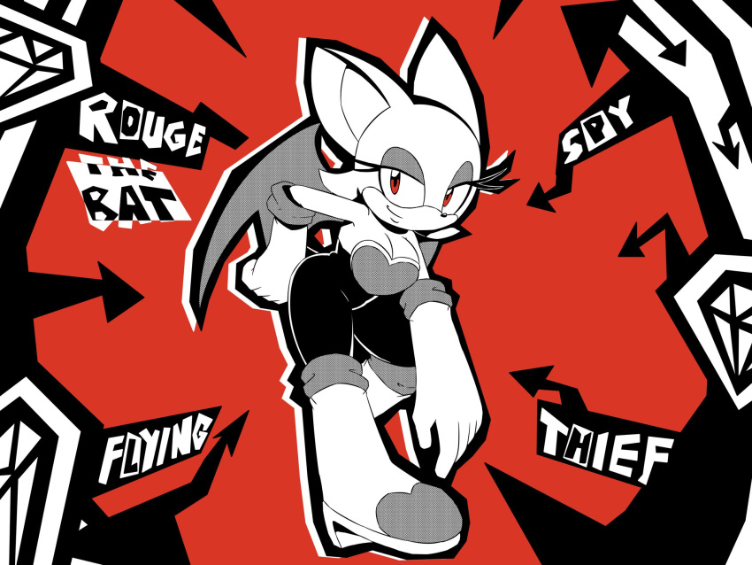 anthro bat boots breasts caraquedesenha cleavage clothed clothing crossover english_text female footwear gloves handwear hi_res mammal persona_(series) rouge_the_bat sega shoes smile solo sonic_the_hedgehog_(series) text