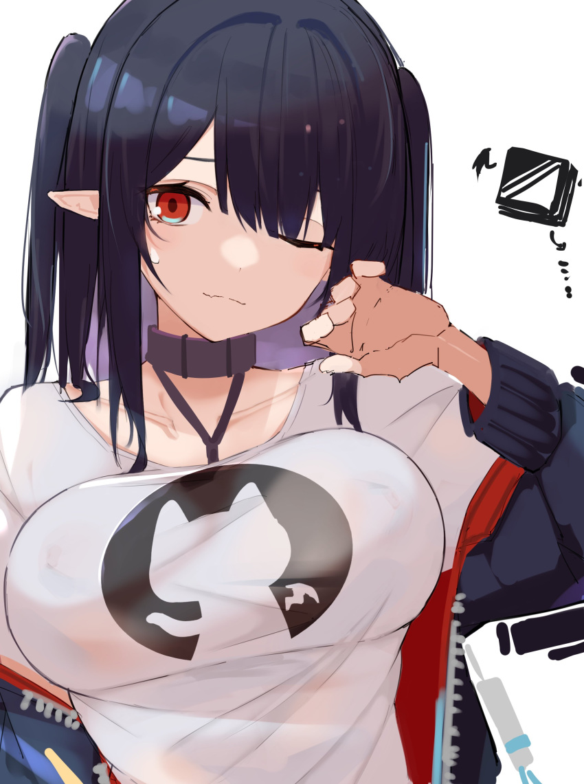 absurdres arknights asususususu black_choker black_hair black_jacket breasts choker closed_mouth closure_(arknights) collarbone female highres jacket large_breasts long_hair looking_at_viewer one_eye_closed pointy_ears red_eyes shirt solo two_side_up upper_body white_background white_shirt