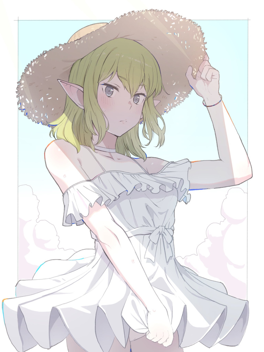 bare_shoulders blonde_hair blue_eyes blush border bracelet choker closed_mouth commentary cowboy_shot dress dress_tug elf female frilled_dress frills hand_on_headwear hat highres jewelry looking_at_viewer niceumeboshi off-shoulder_dress off_shoulder outside_border panties pointy_ears ryu_lion sky solo straw_hat underwear white_border white_choker white_dress